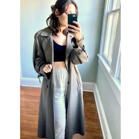 Vintage 90s London Fog Tan Gray Minimalist Staple Trench Maxi Coat 12 - Picture 2 of 8